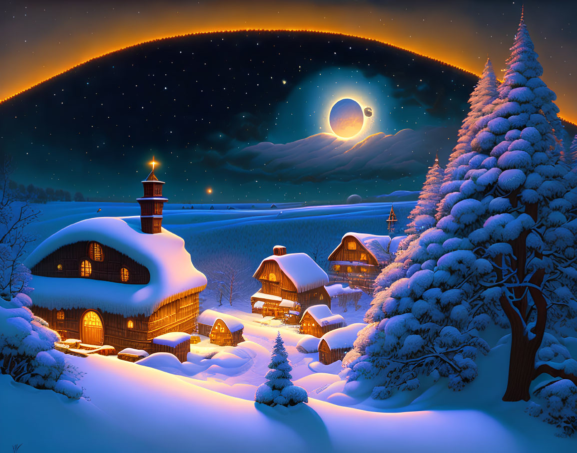 Snow-covered winter night scene with glowing moon and stars