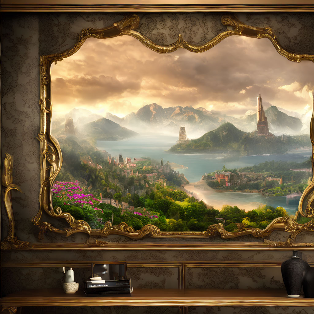 Golden frame surrounds serene landscape with mountains, castle, and lush greenery viewed from elegant room.