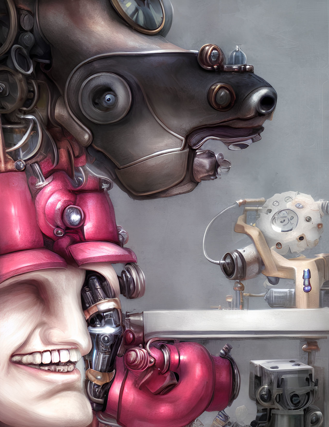 Surreal Artwork: Smiling Face with Mechanical Augmentations