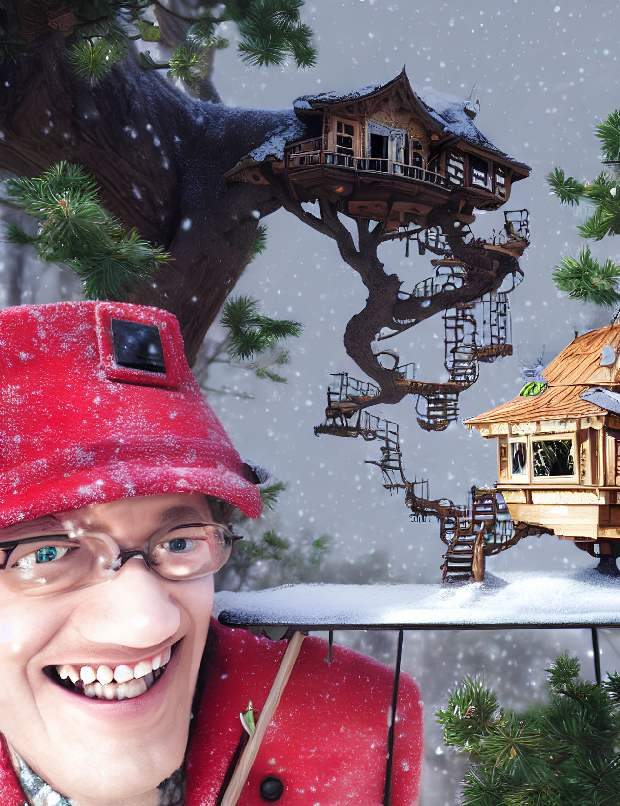 Person in Red Coat and Cap with Snowy Treehouse Village