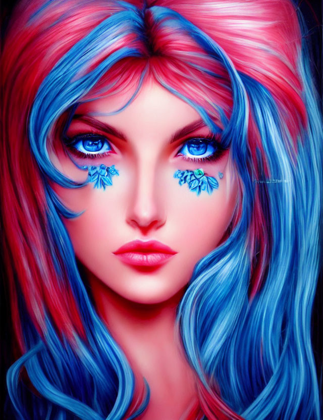 Colorful digital portrait of a female with blue and pink hair and striking blue eyes.