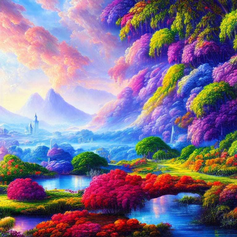 Colorful Landscape with Pink and Purple Foliage, Serene River, and Mountains