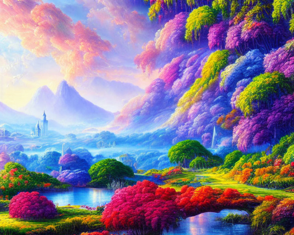 Colorful Landscape with Pink and Purple Foliage, Serene River, and Mountains