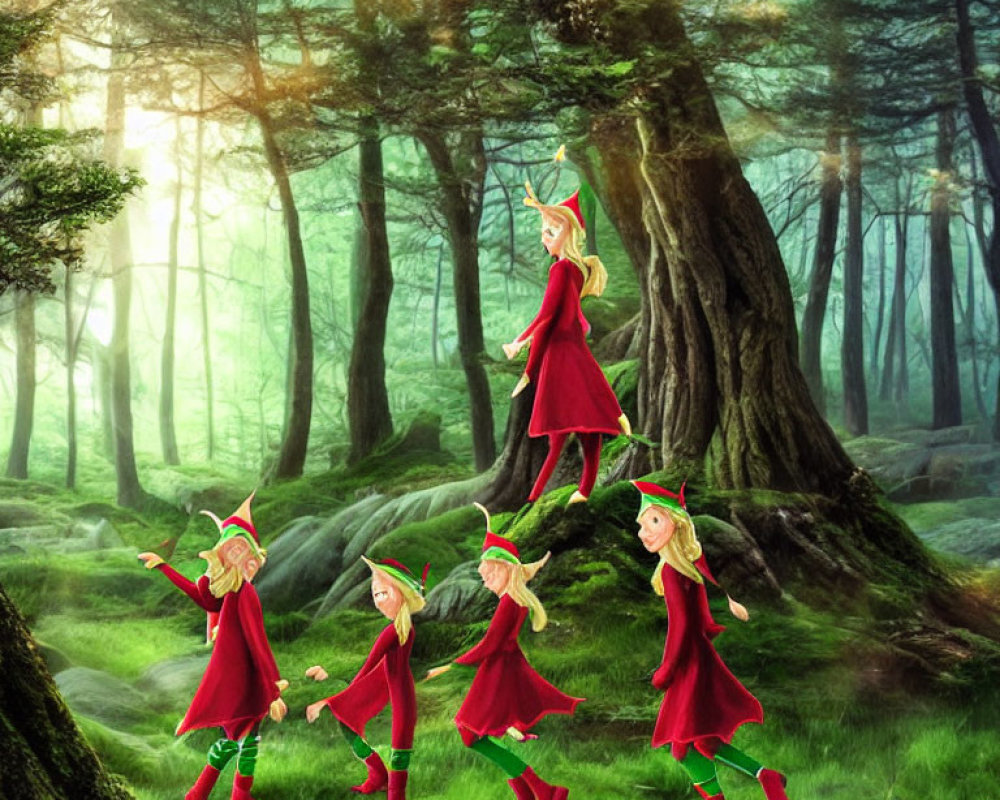 Illustrated female characters in red dresses and green hats dancing in enchanted forest