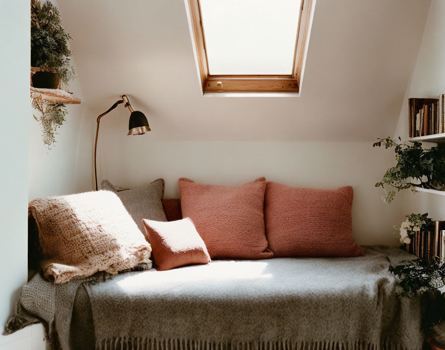 Inviting reading nook with skylight, greenery, books, and cushions