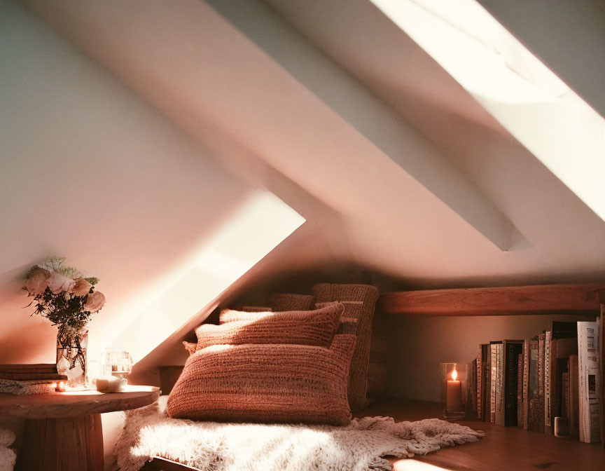 Sunlit Attic Nook with Cozy Seating, Books, Flowers, and Candles