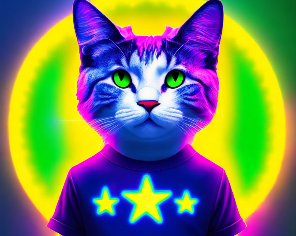 Colorful Cat with Human Body in Star-Studded Shirt on Neon Background