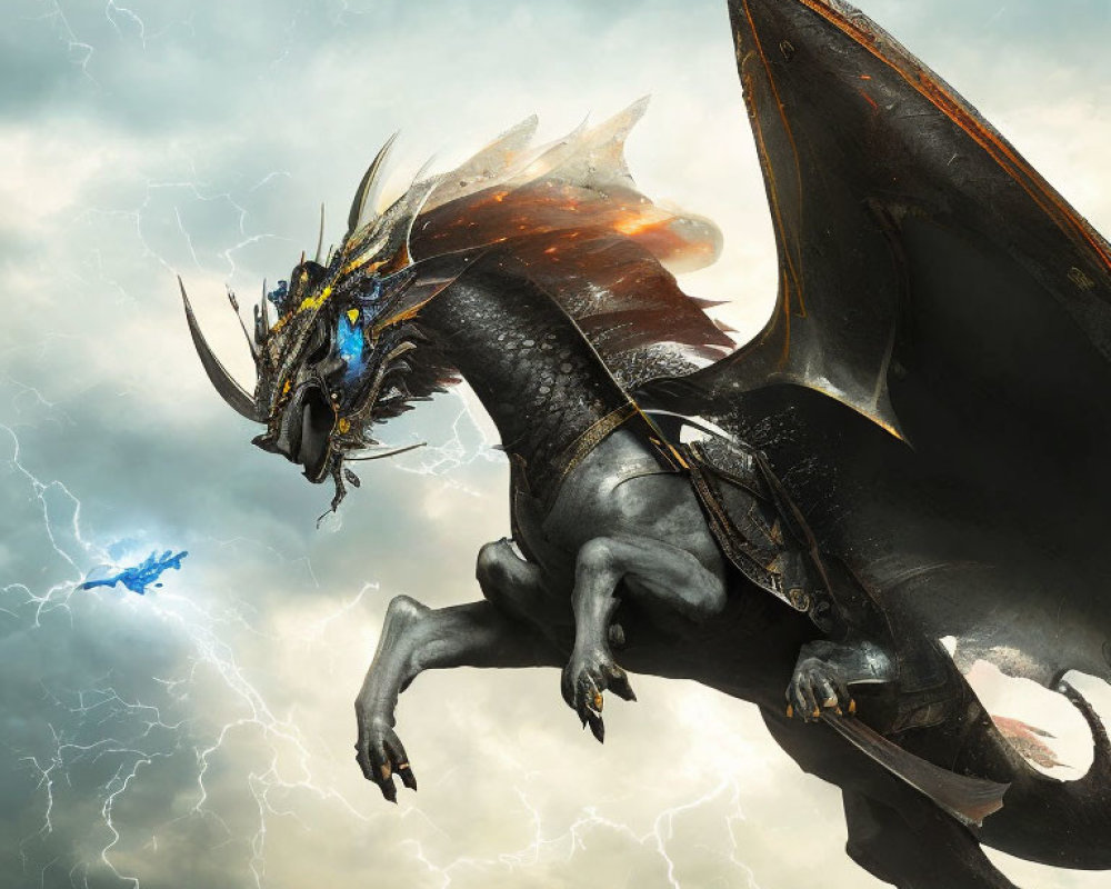 Black dragon with large wings and blue eyes in stormy sky with lightning.
