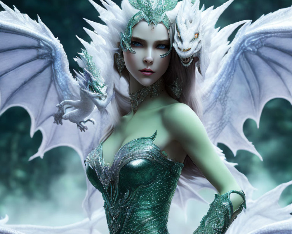 Fantasy image: Woman with dragon features, coronet, green dress, small dragon with white wings