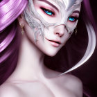 Digital Artwork: Woman with Pink Hair, Green Eyes, and White Feather Mask