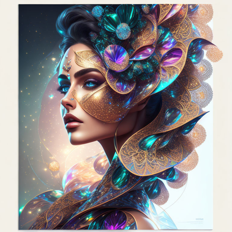 Colorful Woman with Elaborate Headdress and Cosmic Background