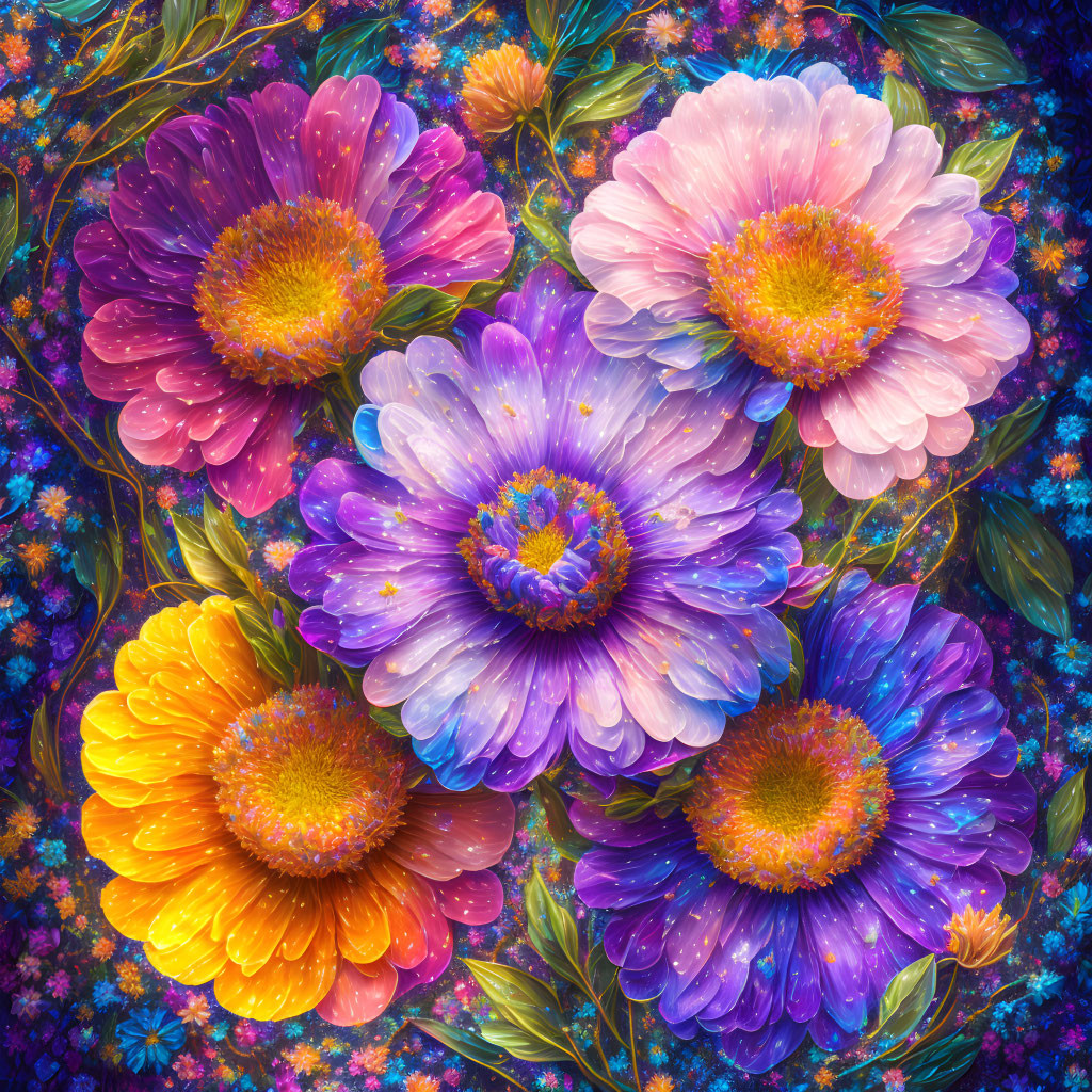 Colorful Flower Arrangement Against Starry Background