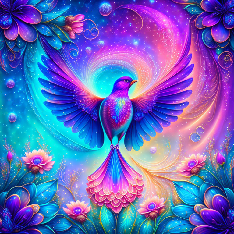 Colorful Mythical Bird Illustration with Spread Wings in Fantastical Floral Background