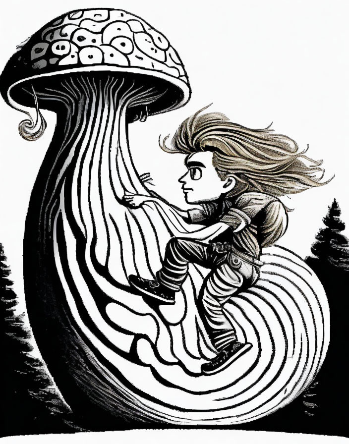 Monochrome illustration of person with flowing hair climbing giant mushroom