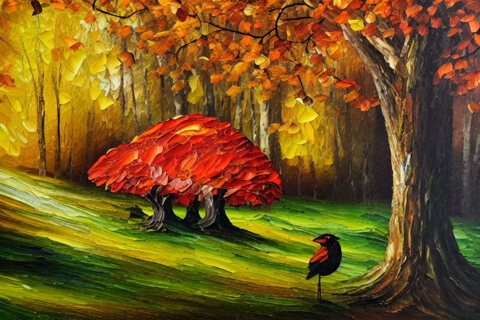 Colorful autumn forest painting with red mushroom and black bird among foliage