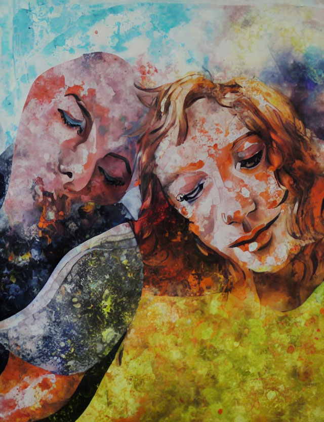 Colorful Abstract Painting: Person Resting Head on Another's Shoulder