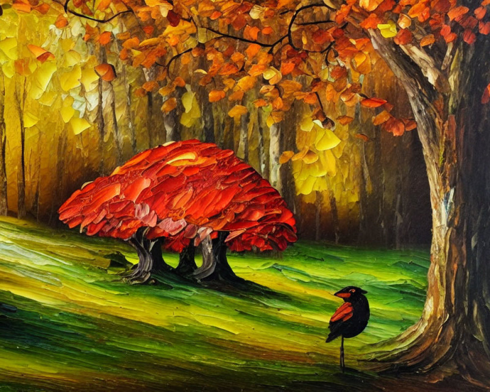 Colorful autumn forest painting with red mushroom and black bird among foliage