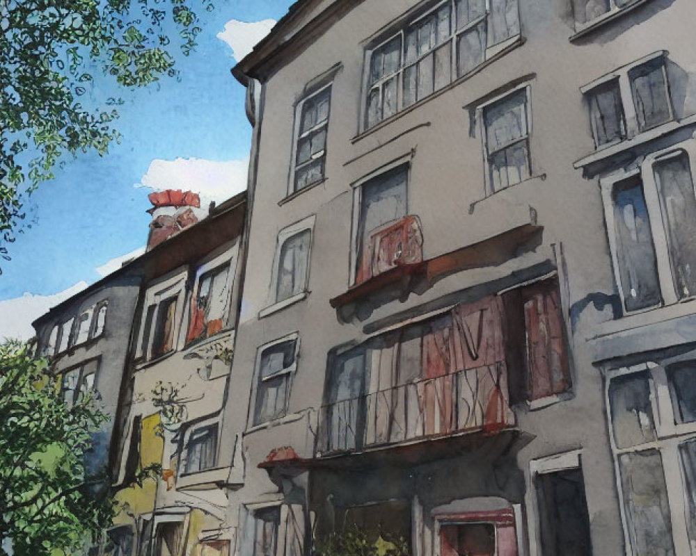 Charming street watercolor painting with multistory buildings and green trees