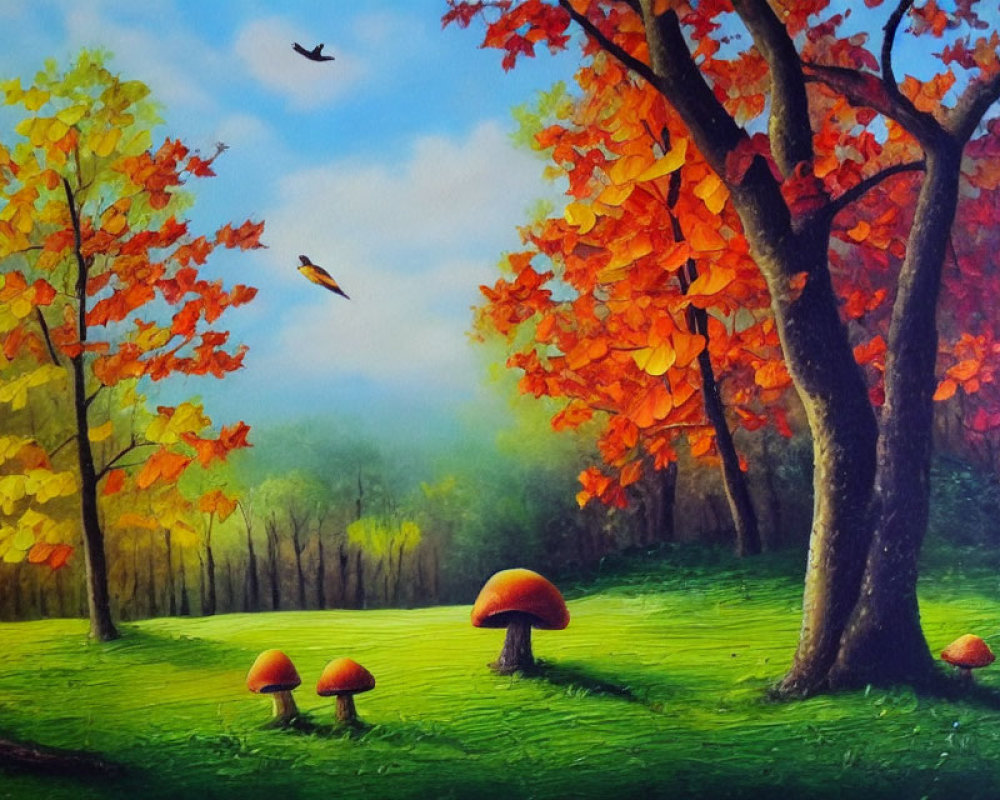 Colorful autumn landscape with mushrooms, birds, and misty background