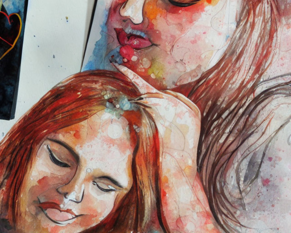 Vibrant watercolor painting of two women with closed eyes