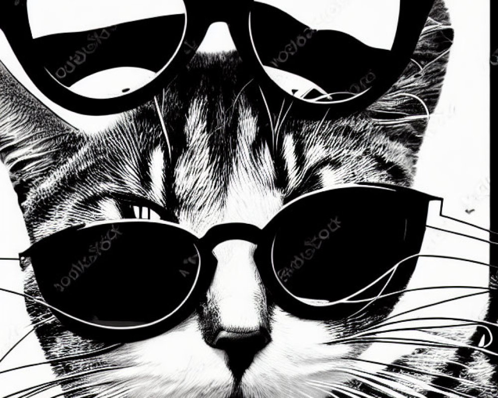Tabby Cat in Stylish Glasses: Black and White Illustration