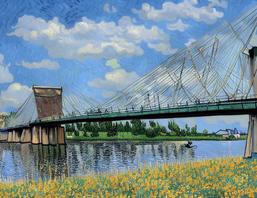 Stylized image of cable-stayed bridge with greenery, river, boat, and sky