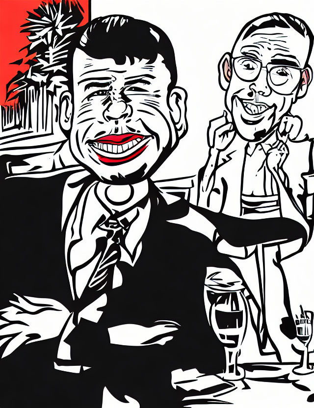 Monochrome caricature of two men with wine glasses on red leaf pattern.