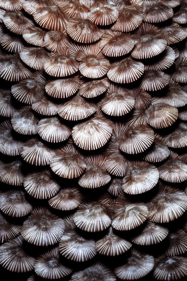 Detailed Close-Up of Brown Mushroom Caps with Radial Grooves