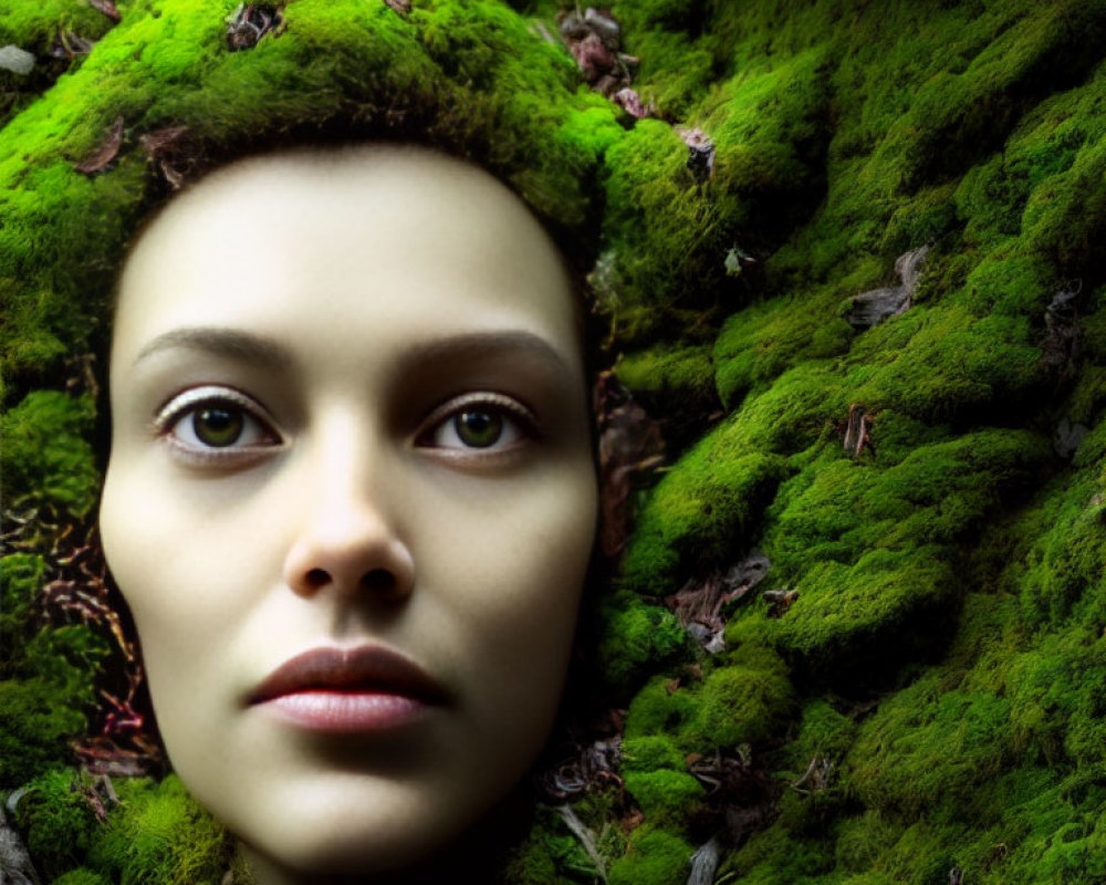 Face blending with lush green moss in natural landscape