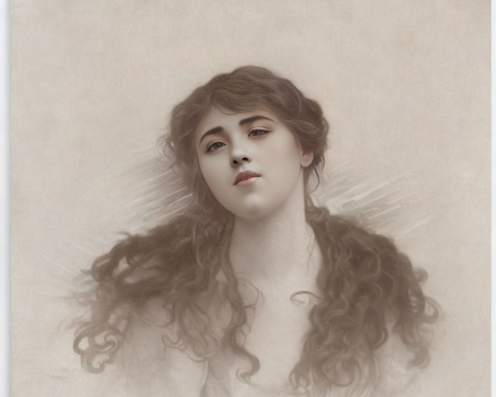 Vintage portrait of woman with curly hair and nostalgic expression