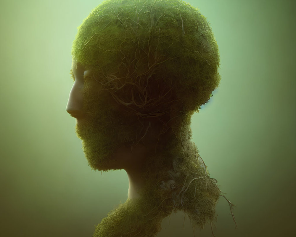 Silhouette of human head covered with moss and roots on green backdrop