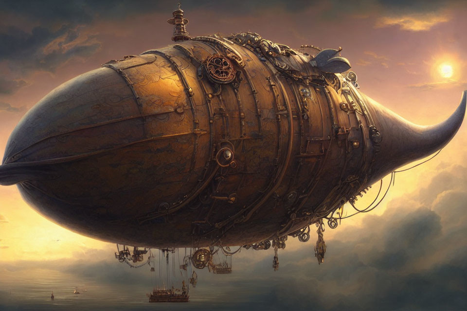 Steampunk-style airship with fish-shaped balloon above clouds at sunset