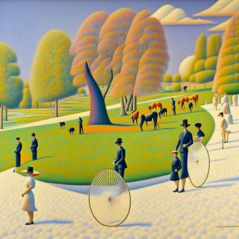 Stylized painting of people on penny-farthings in park with autumn trees