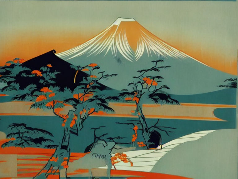 Traditional Japanese Scene: Mount Fuji, River, Orange Blossom Trees