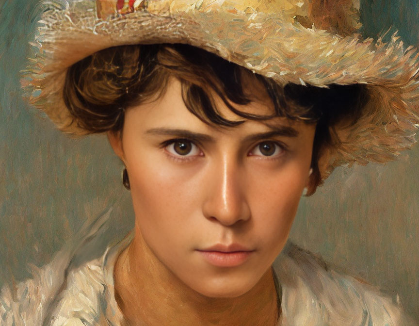 Portrait of a Young Person in Straw Hat with Flowers on Impressionist Background