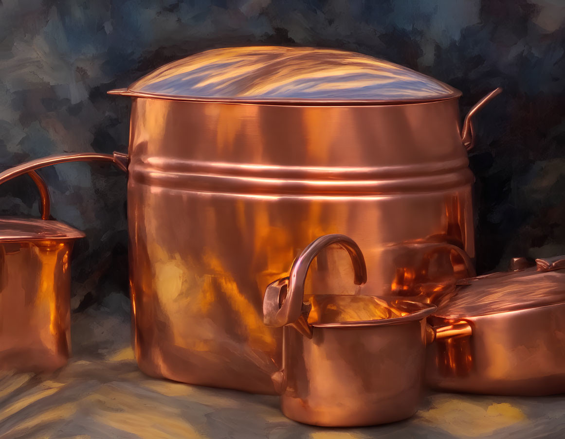 Polished Copper Cookware Set with Pot, Pan, and Lid in Warm Light