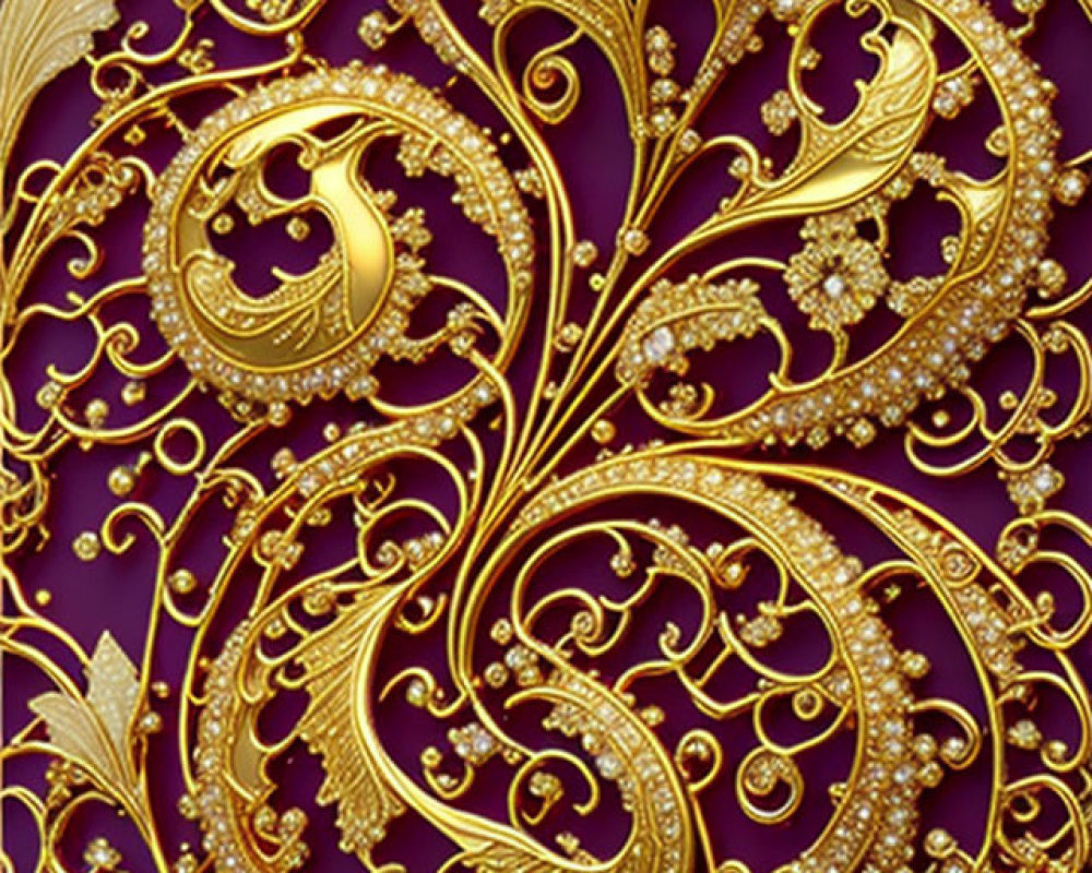 Gold Paisley and Floral Designs with Gem Accents on Purple Background