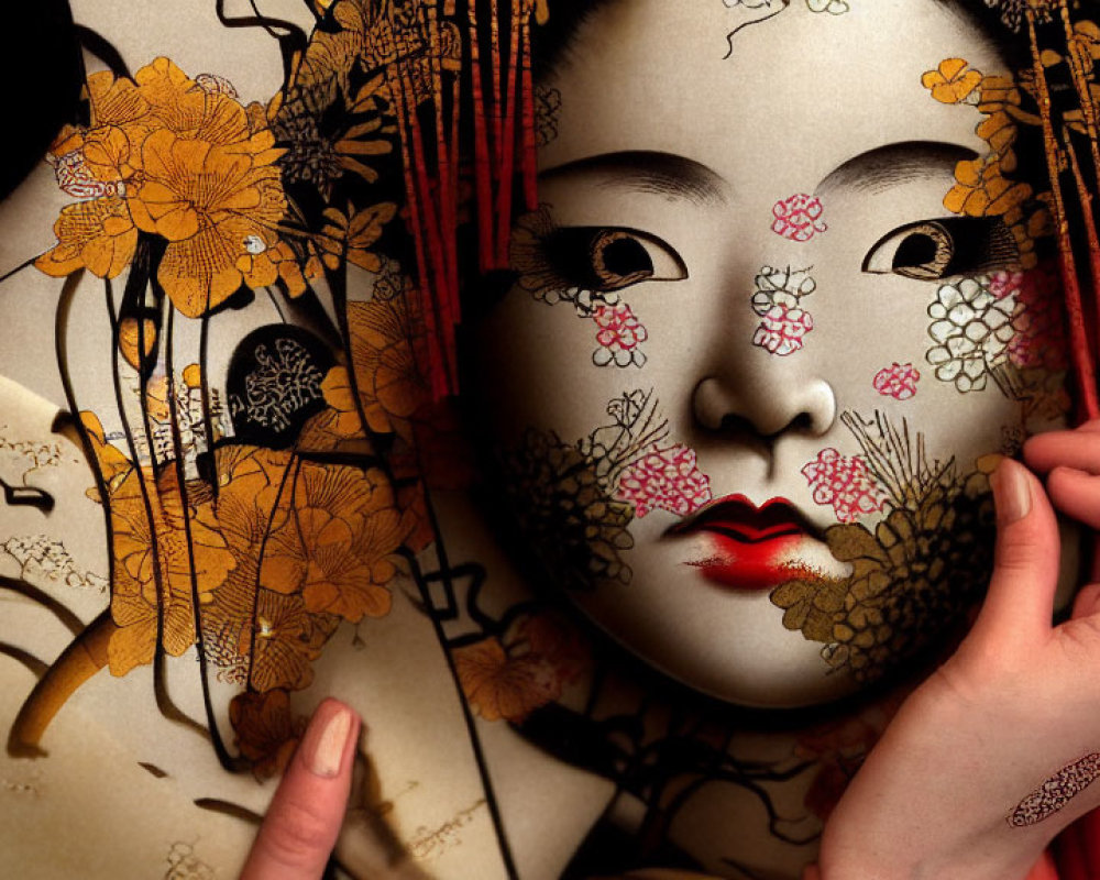 Detailed Close-Up of Person with Japanese Geisha-Inspired Artistic Makeup
