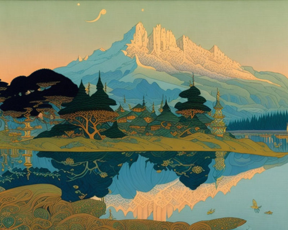 Tranquil landscape: mountains, lake, architecture, trees, crescent moon in gradient sky
