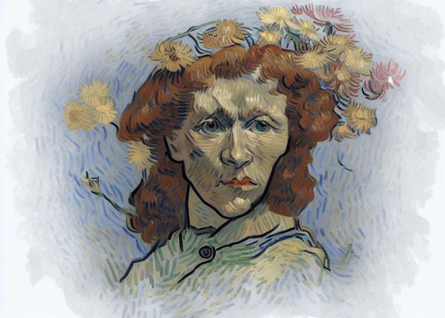 Impressionist-style painting of person with flowers in hair against blue background