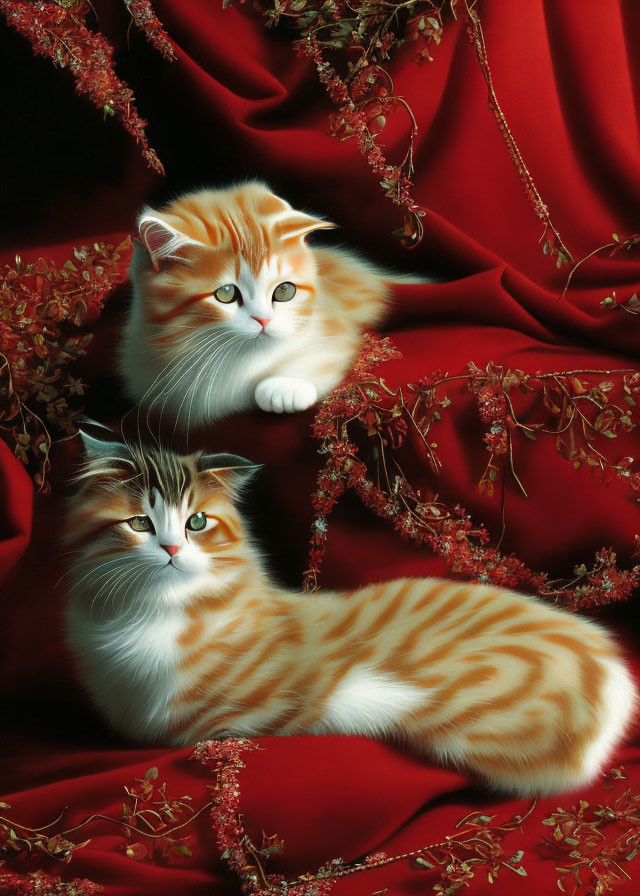 Fluffy Orange and White Cats on Red Velvet with Flowers