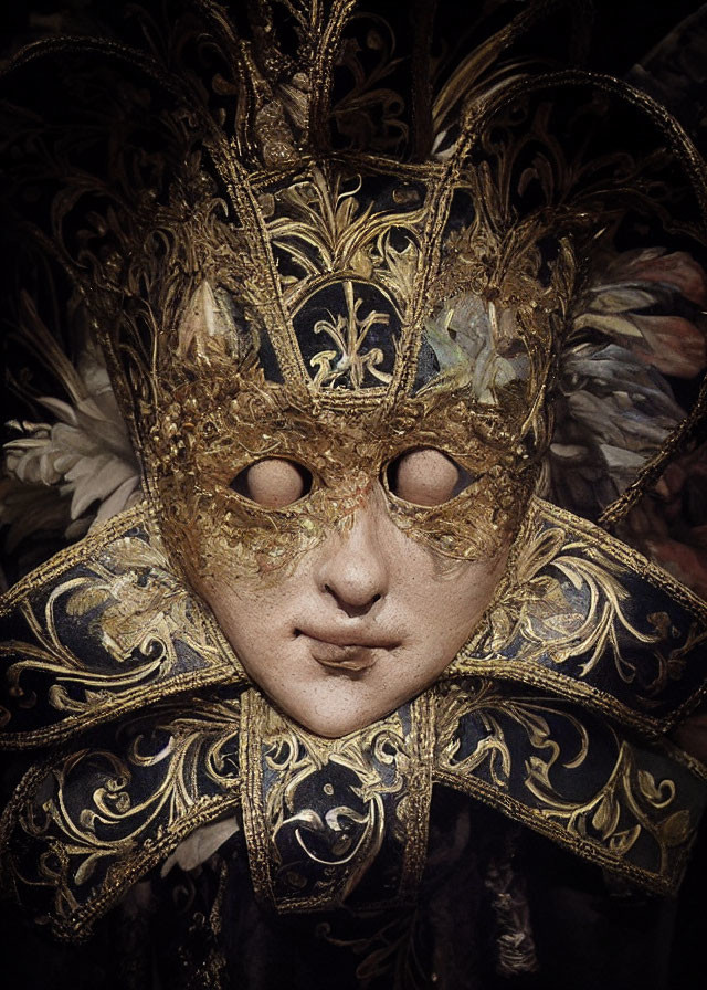 Golden Venetian Mask with Feather-Like Decorations
