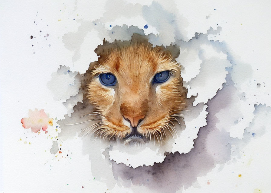 Vivid blue-eyed lion in watercolor painting with abstract splattered background