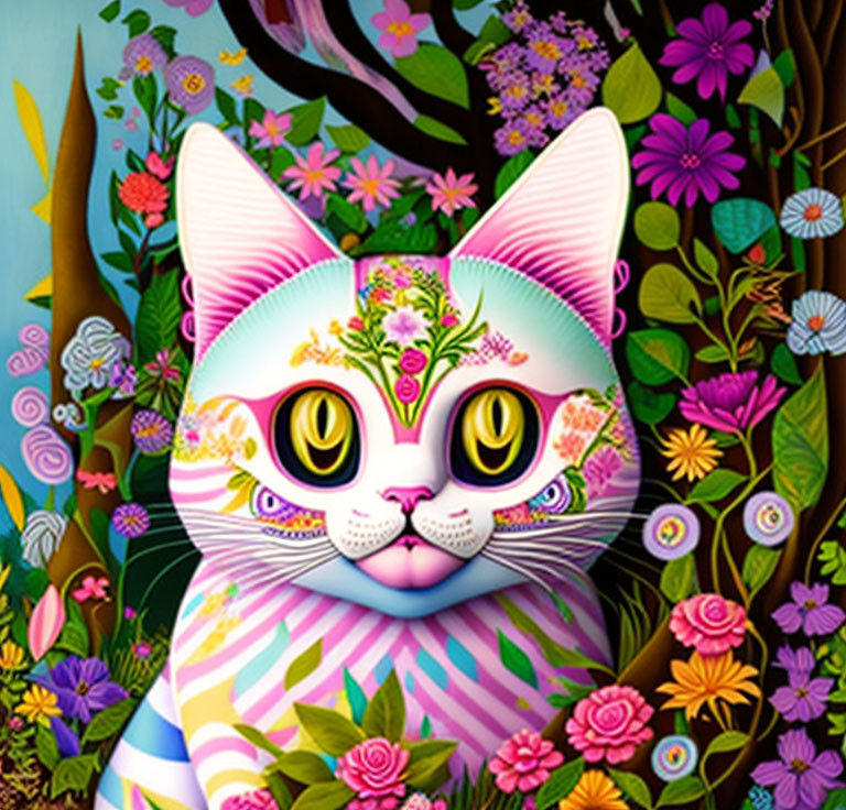 Colorful Cat Illustration with Large Eyes and Floral Patterns