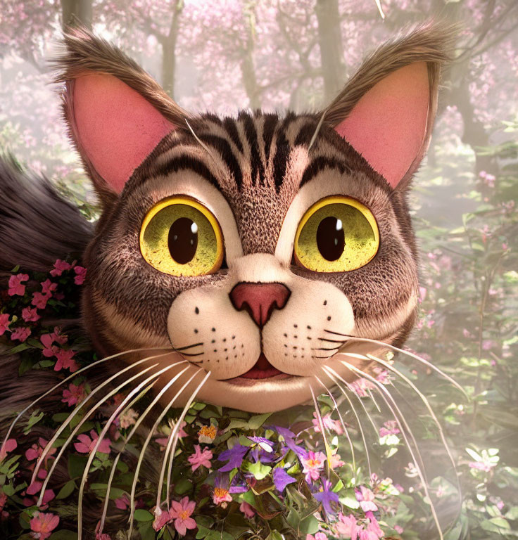 Striped Fur Animated Cat with Yellow Eyes Peeking Through Purple Flowers