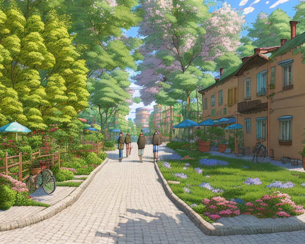 Tranquil tree-lined street with couple, buildings, cafes, and bicycles