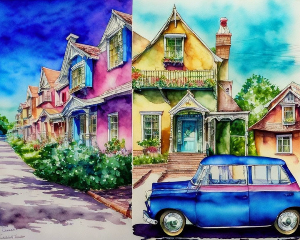 Colorful Watercolor Painting of Row of Houses with Blue Van