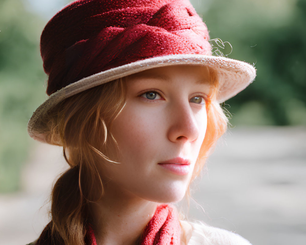 Light-haired woman in red hat and scarf gazes softly, set against green backdrop