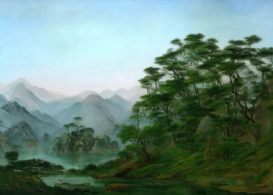 Tranquil landscape painting of serene lake, lush greenery, and misty mountains