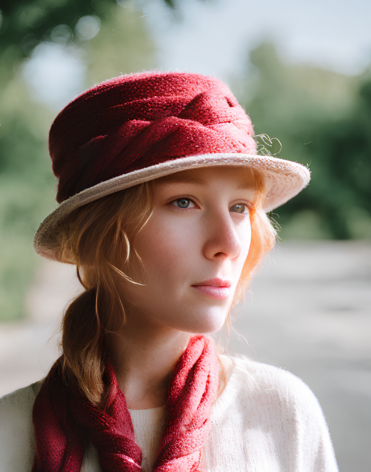 Light-haired woman in red hat and scarf gazes softly, set against green backdrop